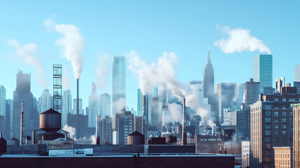 Fototapeta premium Urban skyline enveloped in winter fog with smokestacks releasing clouds into the crisp blue sky at dawn