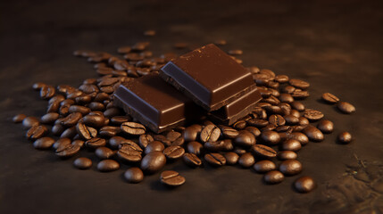 Rich dark chocolate squares nestled among roasted coffee beans create a cozy, inviting ambiance perfect for indulgence