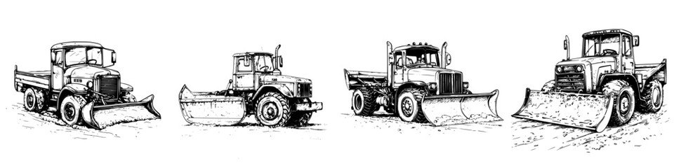 Obraz premium Different models of snowplows lined up on a snowy road during winter in a rural setting