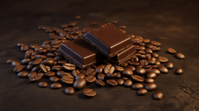 Rich dark chocolate squares nestled among roasted coffee beans create a cozy, inviting ambiance perfect for indulgence