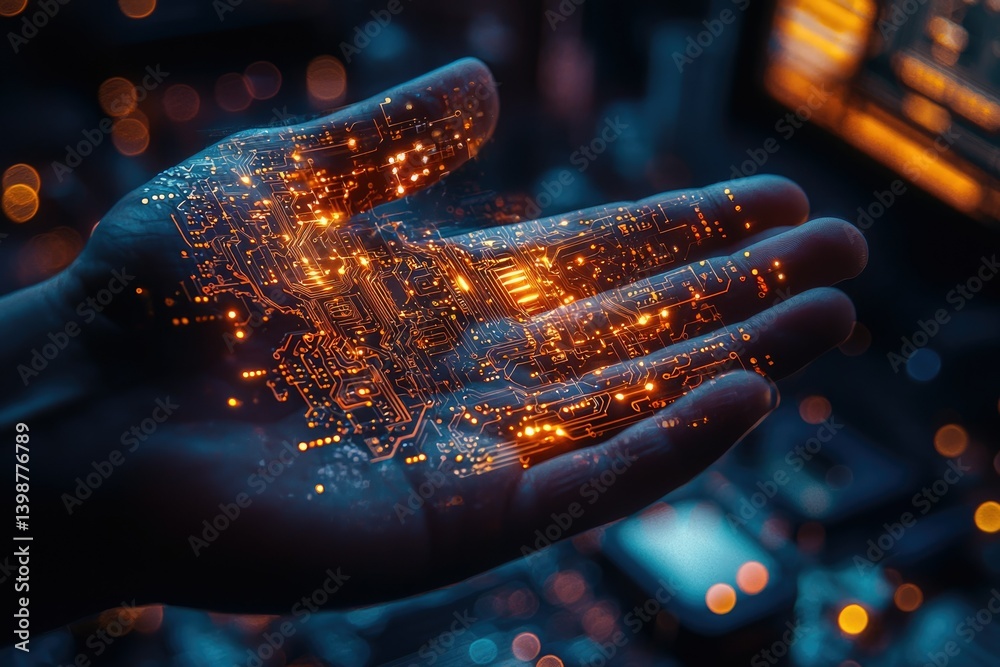 Wall mural a glowing circuit board is projected onto a human hand, symbolizing technological integration and hu