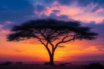 Fototapeta premium Silhouette of a tree against a vibrant sunset sky with clouds in shades of orange and purple hues