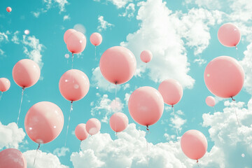 Pink balloons floating against a bright blue sky