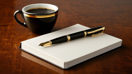 A notebook and pen with a coffee cup on a wooden desk