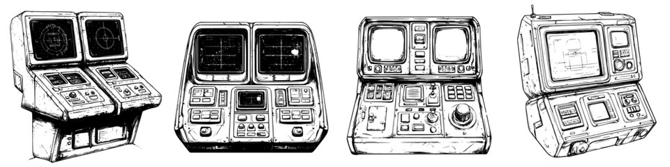 Obraz premium Detailed outlines of vintage control panels from a spaceship or spacecraft featuring buttons and screens