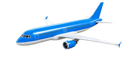 Fototapeta premium A blue and white passenger airplane isolated on a black background in a full side view illustration