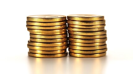 A stack of shiny gold coins arranged in a pyramid shape, reflecting light naturally to create a realistic metallic sheen on white.