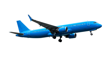 A blue airplane is seen in mid air with its landing gear down against a black background in the image
