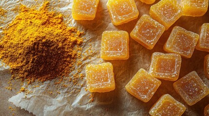 Turmeric gummies and powdered turmeric create a vibrant yellow-orange composition