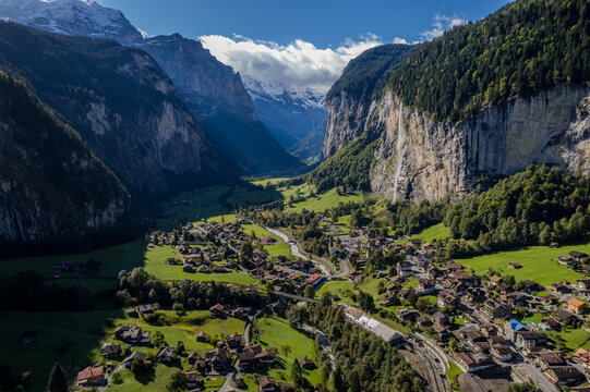 Beautiful aerial view of the Staubbach Falls in Switzerland, located just west of the town in Lauterbrunnen in the Bernese Highlands Small town