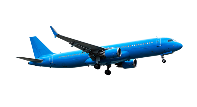A blue airplane is seen in mid air with its landing gear down against a black background in the image