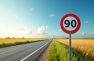 Summer rural road with road sign. Maximum speed limit 90 km per hour. Empty asphalt route through yellow fields under blue sky. Traffic regulations, road safety, transport concept.