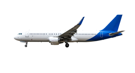 A side view of a white and blue passenger airplane against a black background in an isolated shot