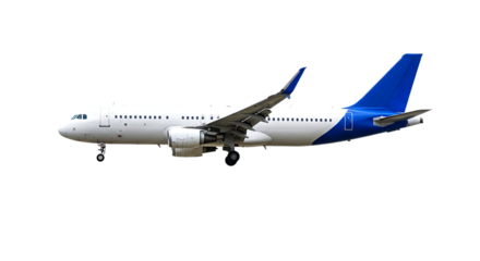 A white airplane with blue tail and wingtips on a black background in a side view perspective