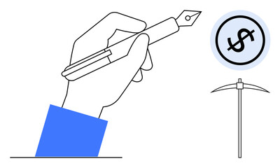 Hand gripping a fountain pen alongside a dollar sign inside a circle and a simple pickaxe. Ideal for creativity, finance, writing, mining, personal growth, conceptual art, entrepreneurship. Flat