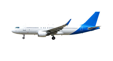 Obraz premium Side view of a commercial airplane with white body and blue tail on a black background isolated