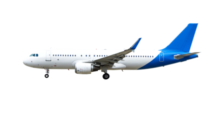 Side view of a commercial airplane with white body and blue tail on a black background isolated