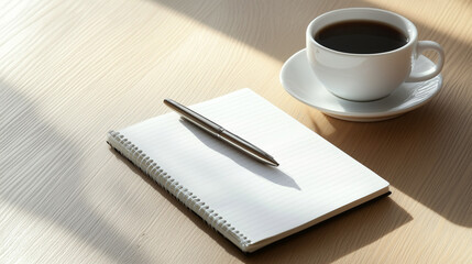 A notebook and pen with a coffee cup on a wooden desk