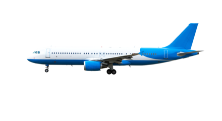 A side view of a white and blue passenger airplane isolated on a black background in a studio shot