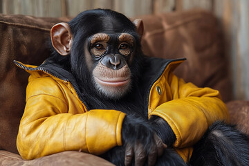 Monkey in a yellow jacket relaxing on a couch