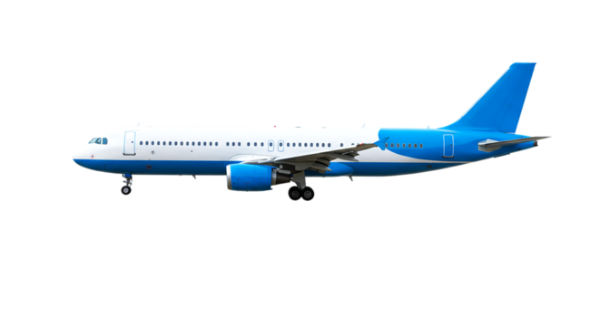 A side view of a white and blue passenger airplane isolated on a black background in a studio shot