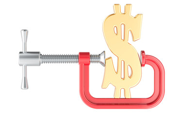 Dollar sign with squeezing C clamp. Financial crisis or recession concept. 3D rendering isolated on transparent background