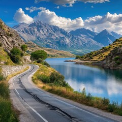 Winding road following a serene lake in the heart of majestic mountains