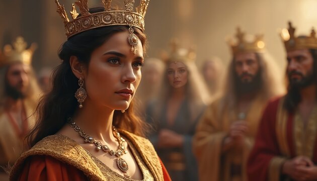 Portrait of a regal queen in royal attire. She wears a golden crown and jewels. Blurred background features other Biblical characters. Illustration of beauty and faith.