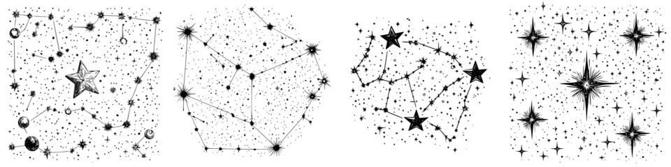 Star constellations and celestial patterns illustrated with intricate designs and various star arrangements