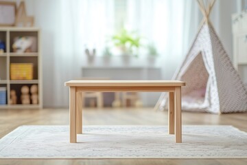 Empty wooden table displaying product placement in playroom setting with teepee tent