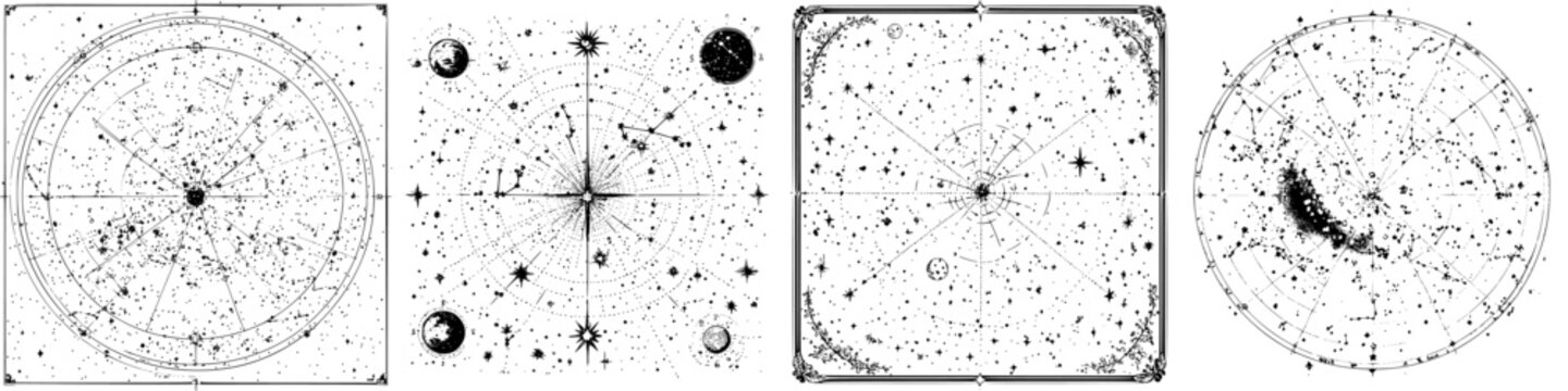 Star maps illustrating various celestial patterns and constellations from different perspectives in a detailed artistic style