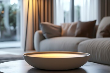 Modern living room interior design featuring illuminated bowl on coffee table with copy space
