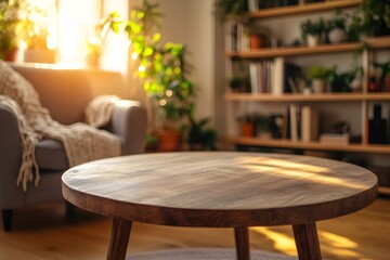 Empty round wooden coffee table illuminating by sunlight in cozy living room, product placement