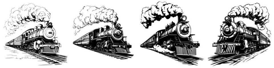 Vintage steam locomotives traveling on railway tracks during the early 20th century in a scenic landscape