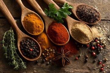 Wooden spoons filled with assorted spices on rustic wooden background Spilled spices surround the spoons, showcasing a variety of colors and textures, representing culinary diversity and flavor