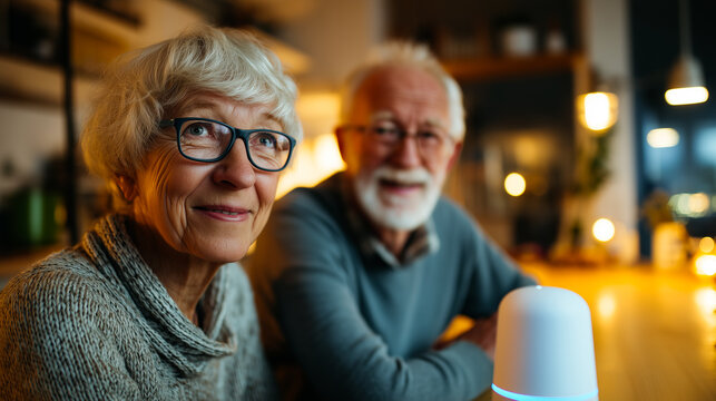 Senior couple using a smart speaker to control their smart home