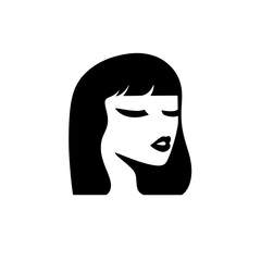 Minimalist black and white vector icon of a woman's face with long hair and closed eyes representing beauty and tranquility