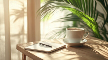 A notebook and pen with a coffee cup on a wooden desk