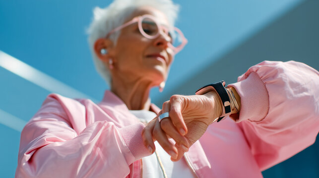 Senior woman with a hearing aid effortlessly using a smartwatch to track her fitness
