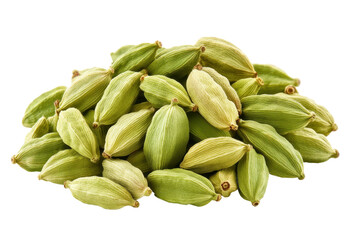 Pile of green cardamom pods on transparent background