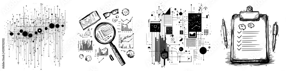 Poster visual representation of data analysis and research methods with charts and reports designed in a mo
