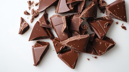 Chocolate shards with crisp edges and natural glossy highlights scattered randomly on a smooth white background.