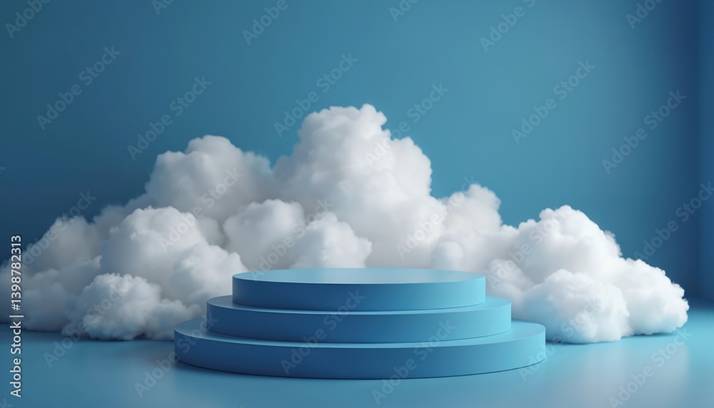 Poster 3d rendering product display podium with cloud background. blue stage minimal scene with abstract wh