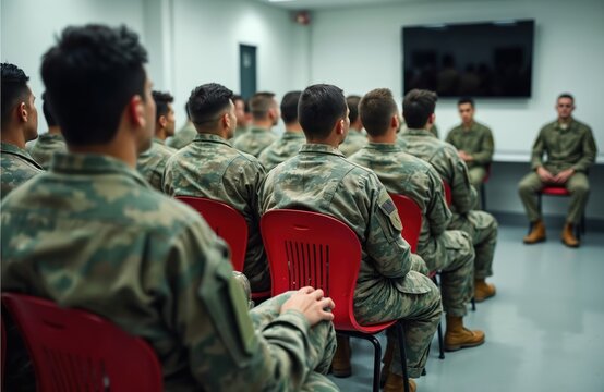 Group of soldiers in military training, listening instructor in uniform. Men at army class lecture in modern room with chairs. Discussion education in military. People, army, security, war concept.