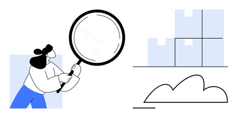 Woman holding magnifying glass, examining stacked goods beside a cloud element. Ideal for logistics, warehouse management, inventory control, cloud storage, supply chain, data analysis, efficient
