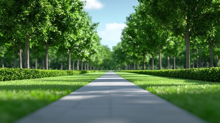 Peaceful pathway surrounded by lush trees urban park landscape photography bright day low angle serenity