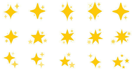 Stars set in yellow color and in different shapes. Blinking stars and sparks icons.