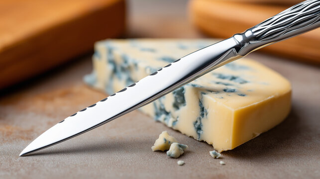 Polished stainless steel cheese knife with blue cheese on cutting board