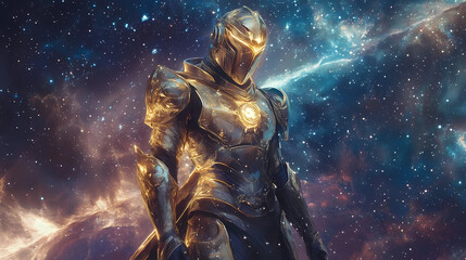 Fototapeta premium Majestic guardian of the cosmic gate futuristic knight in shining armor fantasy art universe. Stellar Armor. Illustration