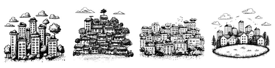 Obraz premium Urban development concepts showcasing different architectural styles and green spaces in a city layout